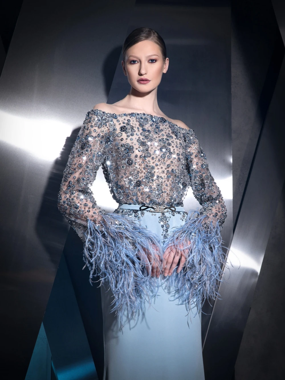 Azul lantejoulas penas em linha reta vestido de noite longo para as mulheres elegante fora do ombro vestido de festa de casamento personalizado vestidos de baile