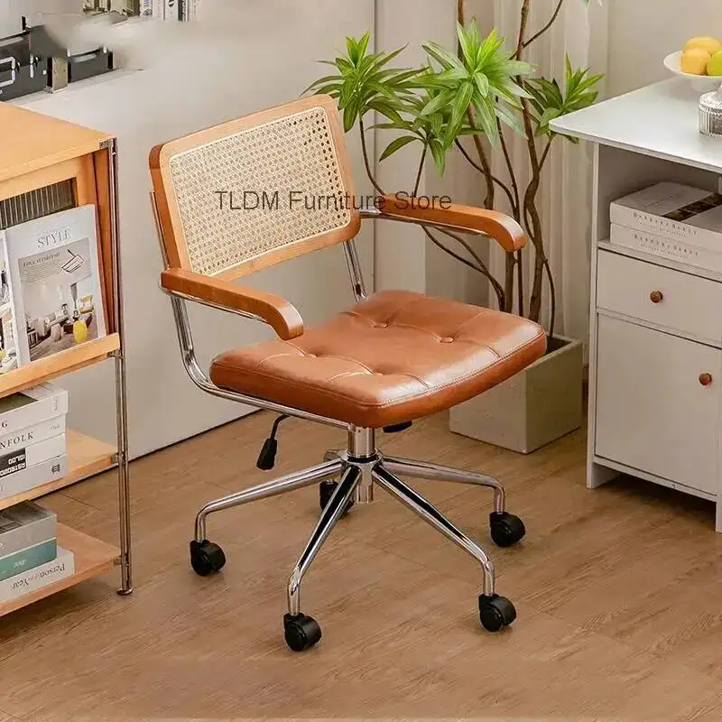 Swivel Rattan Computer Chair Office Home Comfort Sedentary Poltrone Solid Wood Chair Study Retro Lifting Medieval Furniture