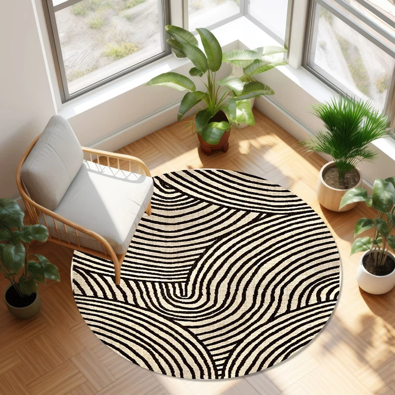 Abstract Curved Line Round Rug Modern Geometric Wave Striped Print Carpet for Living Room Bedroom Home Decor for Living Room