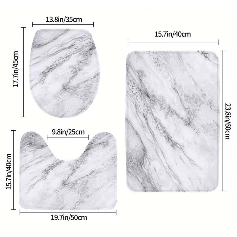 

White Grey Marble Bathroom Rug Set 3 Piece Non Slip Soft Bath Mat Toilet Seat Cover U Shaped Rug Home Decor