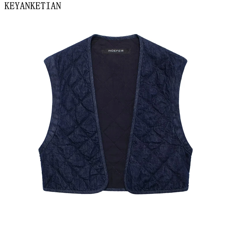 

KEYANKETIAN 2024 Autumn/Winter New Women's Denim Cotton-Padded Vest Leisure style Argyle Quilting Sleeveless Crop Top Waistcoat