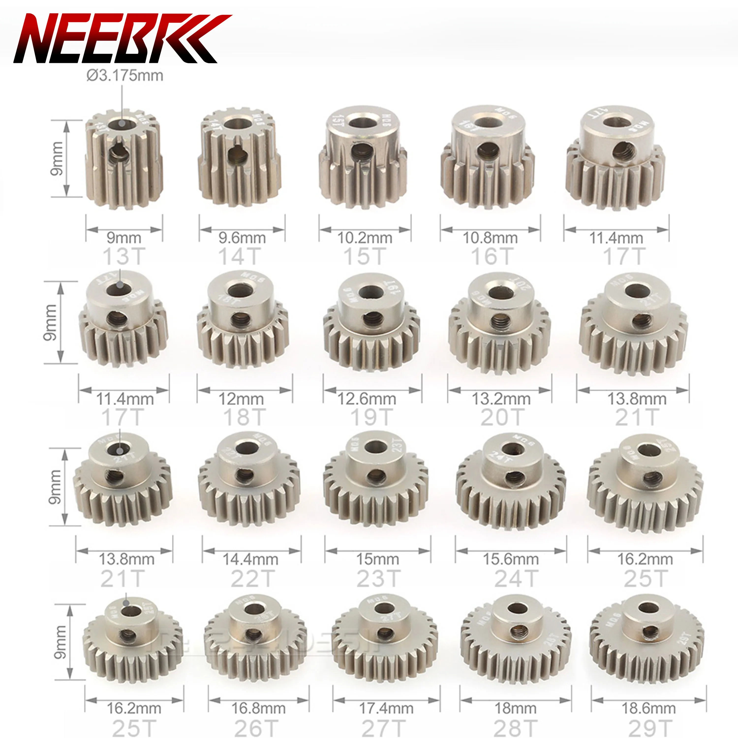 

5pcs NEEBRC M0.6 3.175mm Metal Pinion Aluminum Teeth 13T-17T 17T-21T 29T-33T Motor Gear Combo Set for RC 1/10 Car Model Part