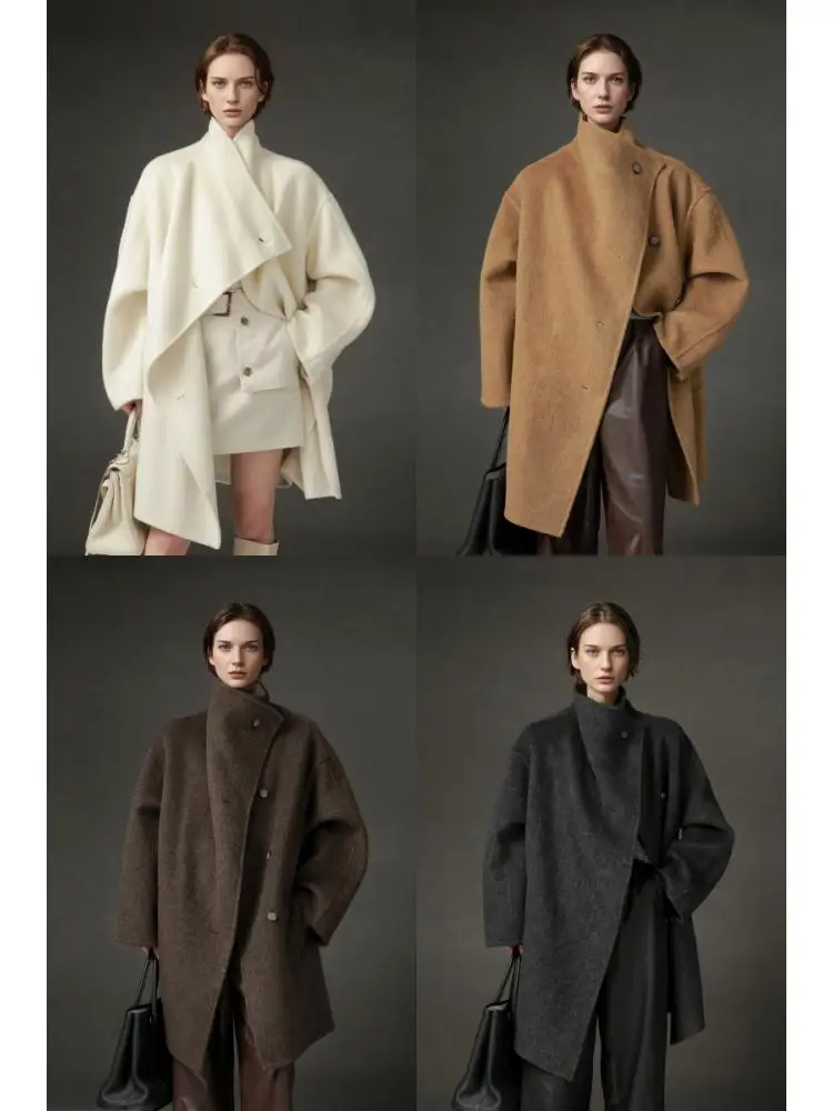Stand Collar Design Lady's Short Woolen Jackets 2025 Autumn And Winter Mid-Length Single Breasted Loose Warm Women's Wool Coats