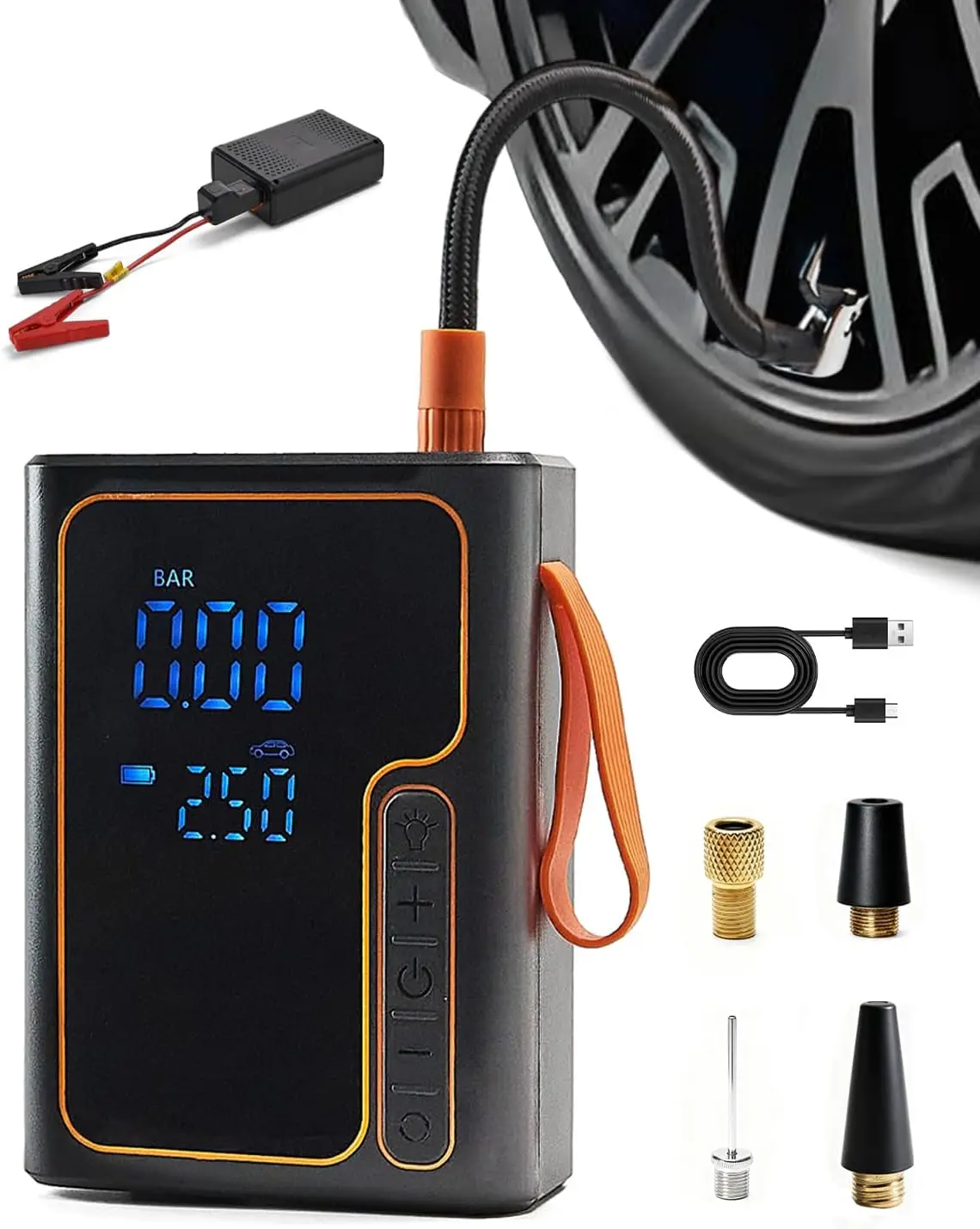 

Cordless tire inflation pump and battery starter portable air compressor, suitable for bicycle and car tires