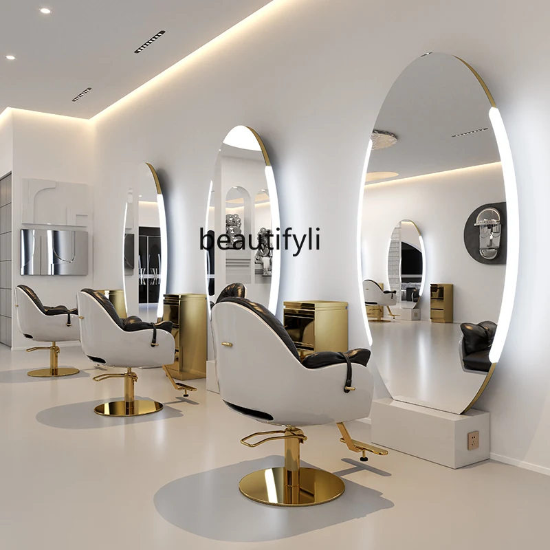 Barber Shop Mirror Single Double-Sided Full Body Floor Mirror with Light Stainless Steel Scissor Hair Mirror Hair Salon