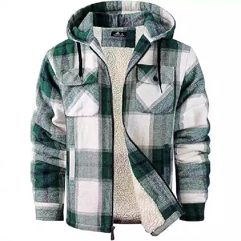 Men's Winter Warm Classic Plaid Jacket Fleece Lined Thermal Coat Hooded Thick Casual Outerwear For Male Plus Size M-5XL