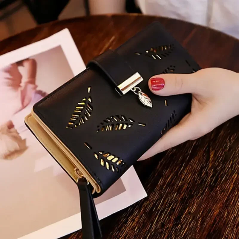 

2023 sober and stylish Women Wallet Leather Purse Long Wallet Hollow Leaves Handbag Card Holders Clutch