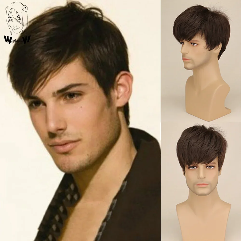 WHIMSICAL W Synthetic Hair Dark Brown Wig Male Hot Straight Men Hair Natural Mens Toupee Wig