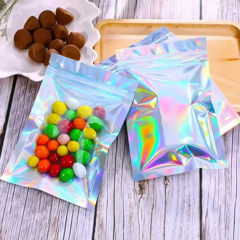 100pcs Holographic Resealable Mylar Bags Ziplock Candy Suger Tee Jewelry Beauty Storage Bag