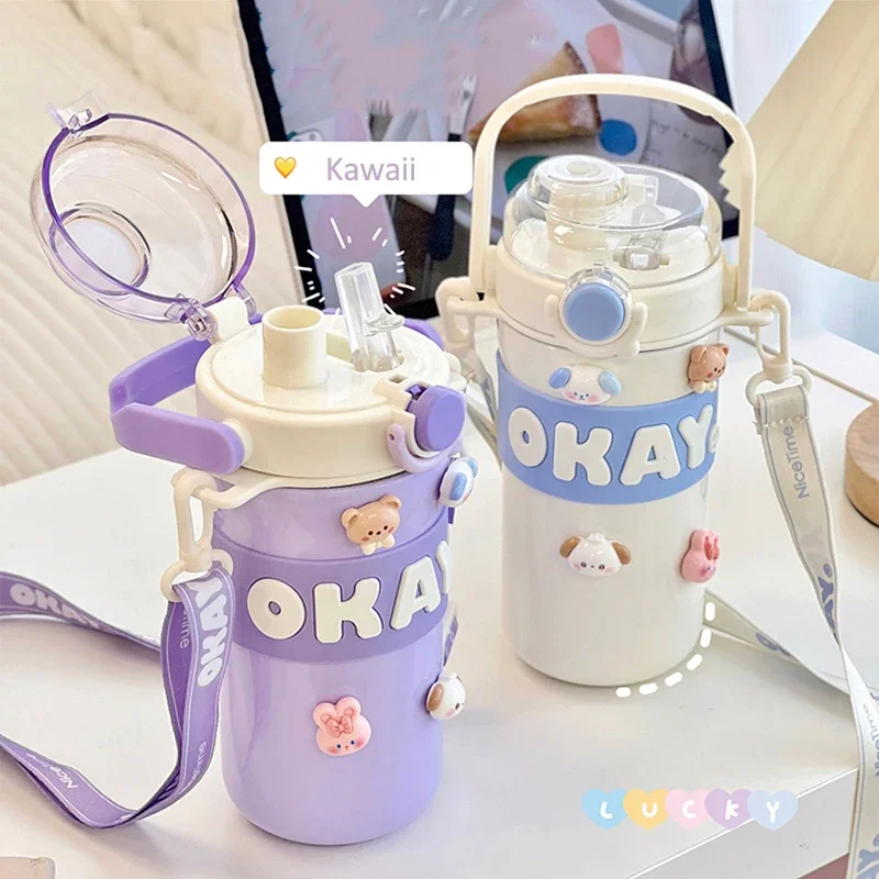 Thermal Water Bottle With Straw Sticker Stainless Steel Keep Cold Hot Coffee Bubble Tea Cute For Kid Girl