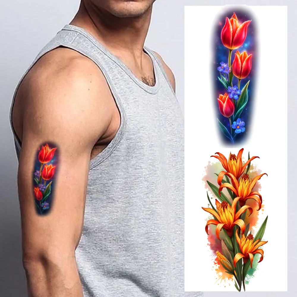 

9pcs Temporary Tattoo Orange Flowers Waterproof Long-lasting Body Stickers Daisies Red Roses Realistic Temporary Tattoos For