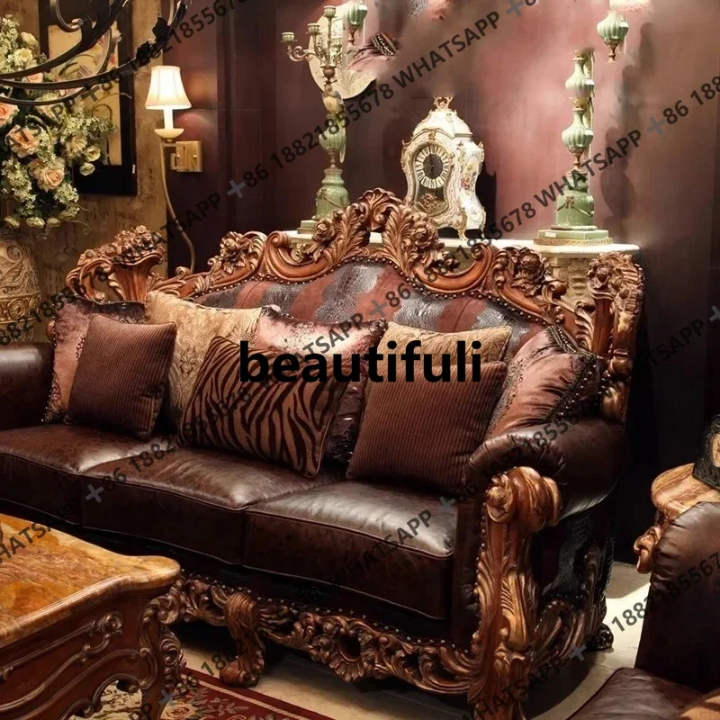 

European leather sofa corner size apartment solid wood carving flower American light luxury L type