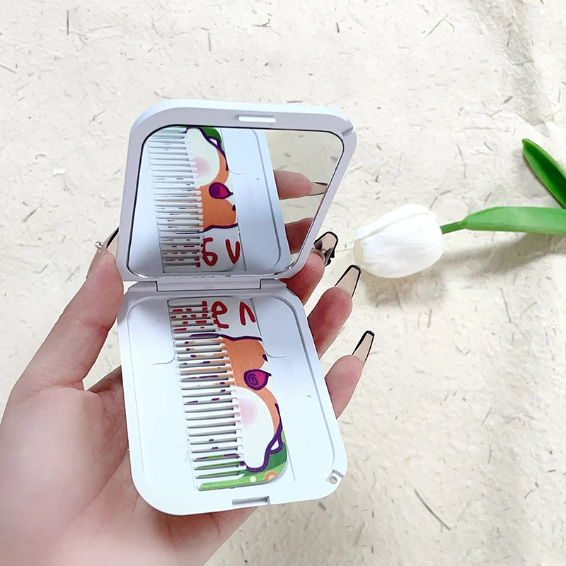 Cartoon Corgi Mini Folding Makeup Mirror With Comb Cute Puppy Portable Handheld Makeup Mirror For Women Girls