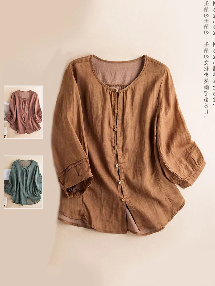 

Retro Artistic Cotton Linen Casual Loose round Ne Seven-Quarter Sve irt New Summer Sle Women's Faion Commute Wear
