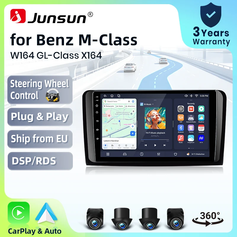 Autoradio Junsun sans fil CarPlay Android Auto pour Mercedes-Benz Classe M (W164) / Classe GL (X164) 2005-2011 avec ventilateur de refroidissement intégré, navigation GPS Android, lecteur multimédia, WiFi, DSP, RDS, BT, SWC, écran tactile IPS, autoradio, lecteur vidéo, unité principale, stéréo