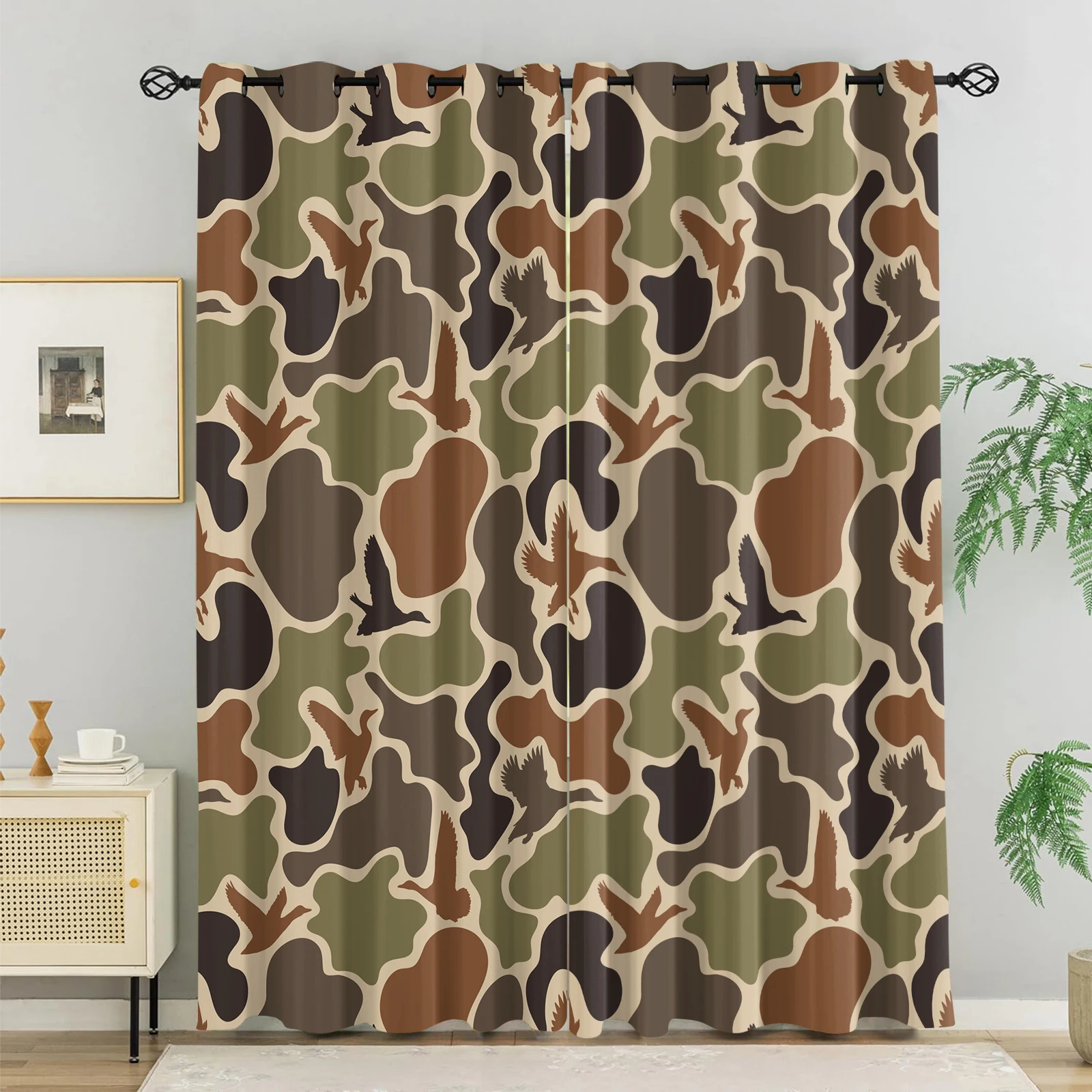 

2pcs Bird Silhouette Vintage Camo Printed Blackout Curtains Suitable For Bedroom Kitchen Living Room Study Office Bathroom Decor