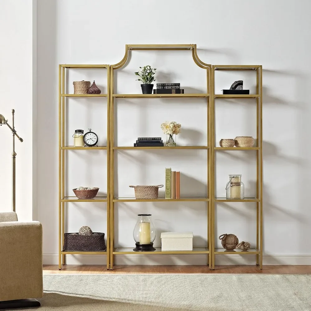 Bookshelf Set with Glass Shelves, Bookcase Storage, Art Deco inspired design provides upscale display,Gold and Glass