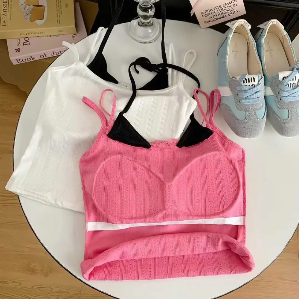 Simple Sleeveless Lace Trim Camisole Underwear Slim Suspender Vest With Padded Cups Camisole Daily Use