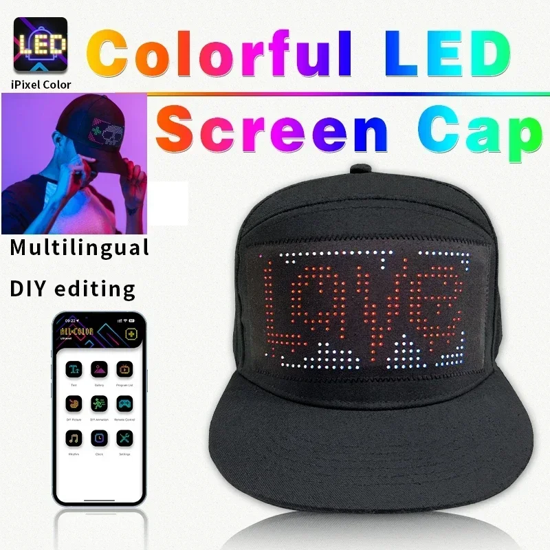 LED Hat Light Display Screen DIY Smart Pixel Matrix Baseball Hat 5V Rechargeable Bluetooth APP Control HipHop Street Party Decor