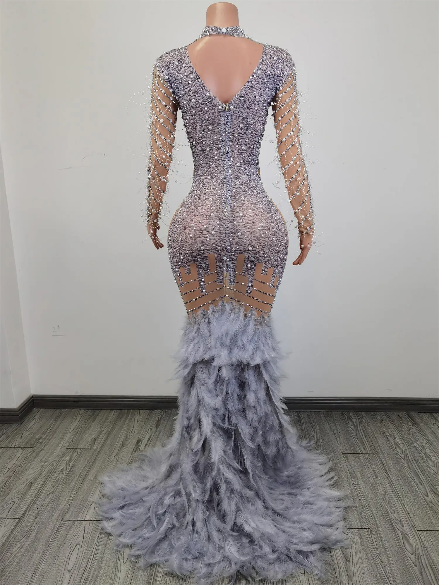 Sexy Rhinestones Transparent Long Feather Dress Birthday Celebrate Outfit Evening Women Dance Show Costume Dress Liantiyumao