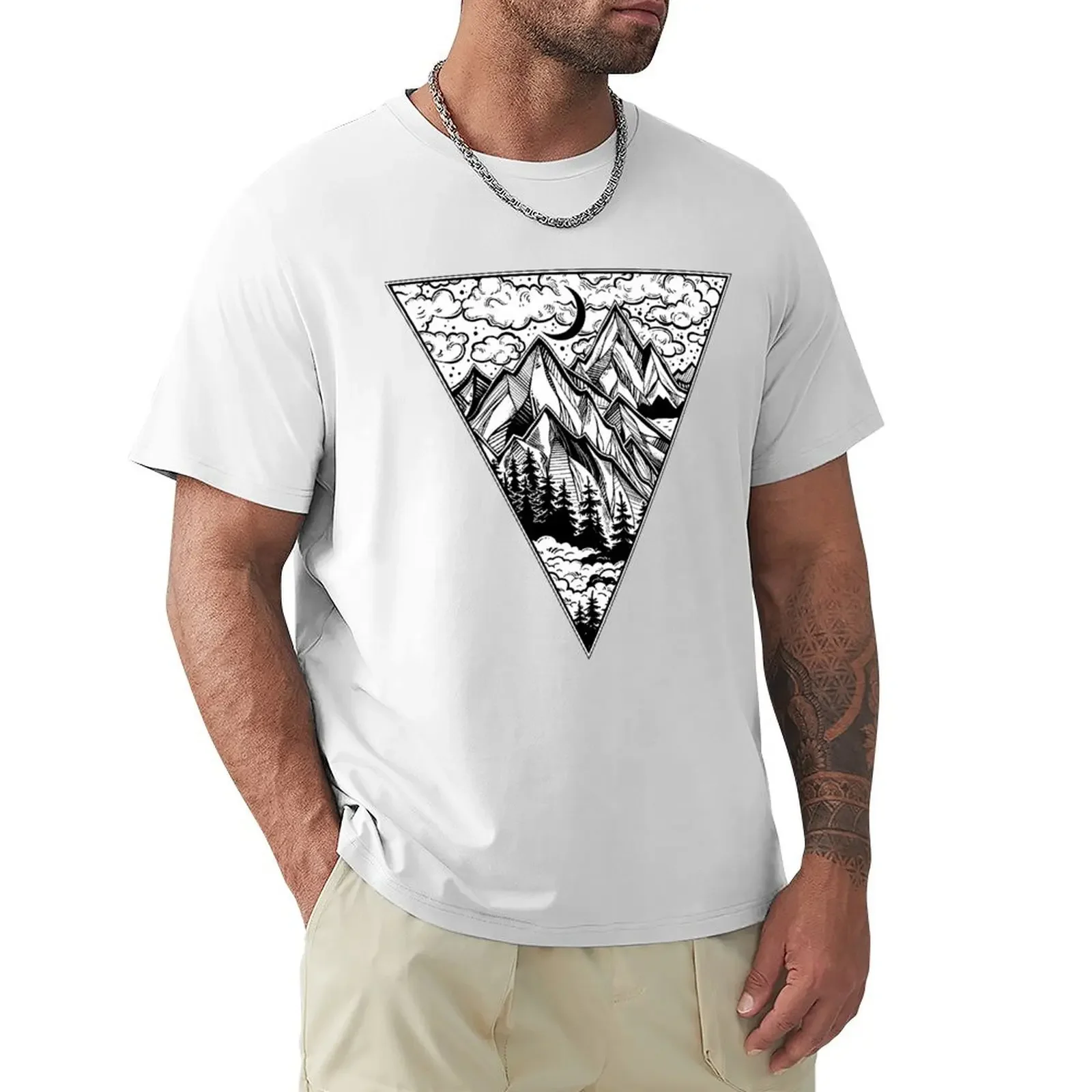 

2024 summer new men t shirt Triangle frame artwork with wilderness landscape scene short sleeves pure cotton tops streetwear