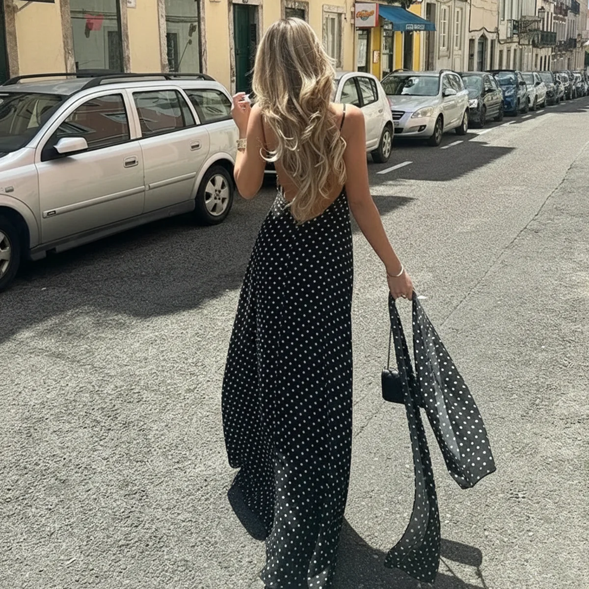 2026 Donne di Modo di Estate Elegante Lace-up Croce Backless Polka Dot Stampa Sciarpa Con Scollo A V Senza Maniche A-line Cami Slip Abito Lungo