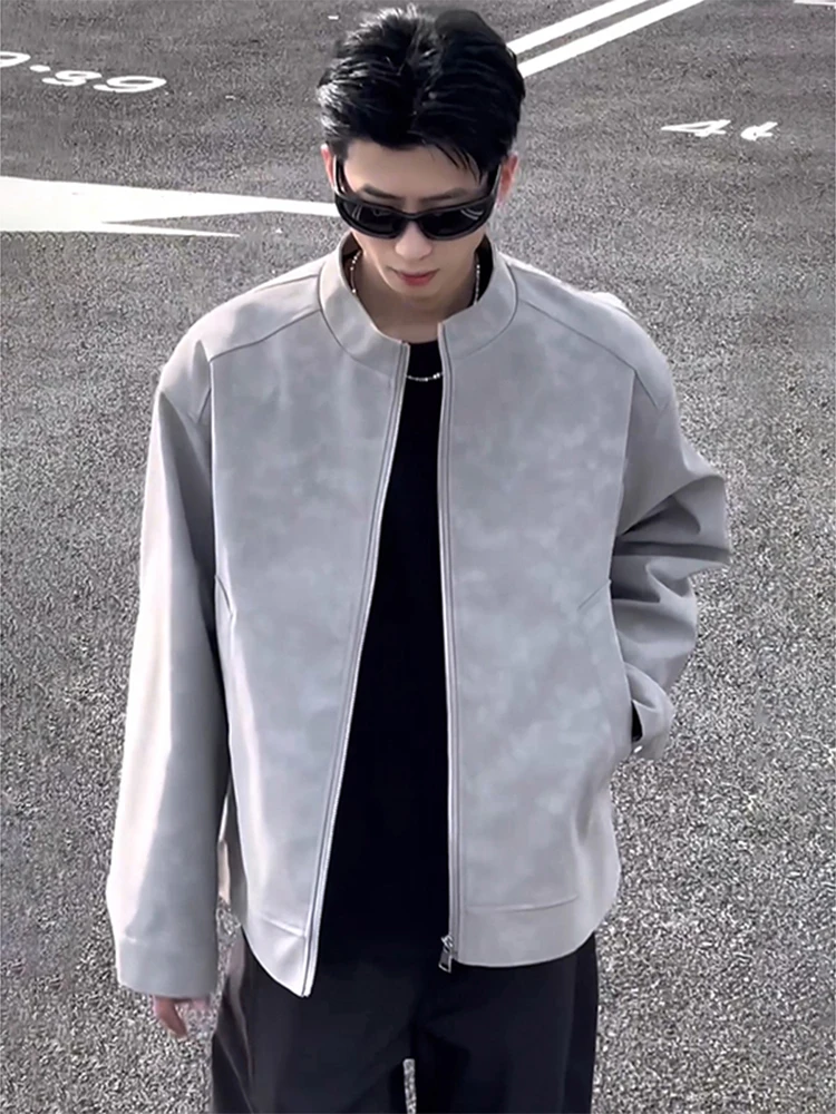 Matte Gradient Grey Leather Jacket Men's Stylish Short Stand Collar Baseball Style Spring Outerwear Anti-Wrinkle Long Sleeve