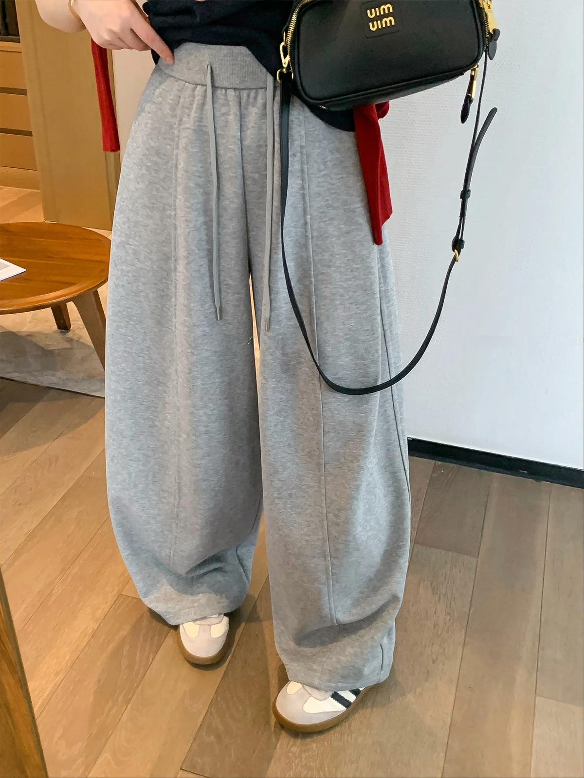 

High Waist Grey Drawstring Casual Wide Leg Pants Women's Spring 2026 New Arrival Love Devil Fish Loose Fit Floor Length