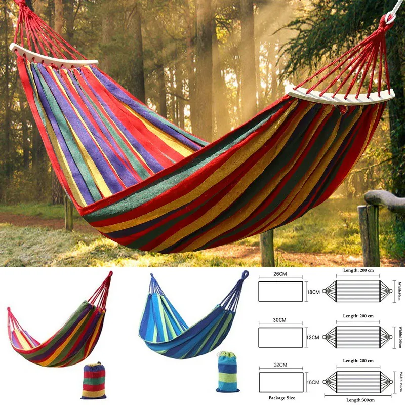 Outdoor Canvas Hammock Portable Thickened Anti-Rollover 2 Persons Striped Hammock Garden Travel Camping Hanging Swing Hammock