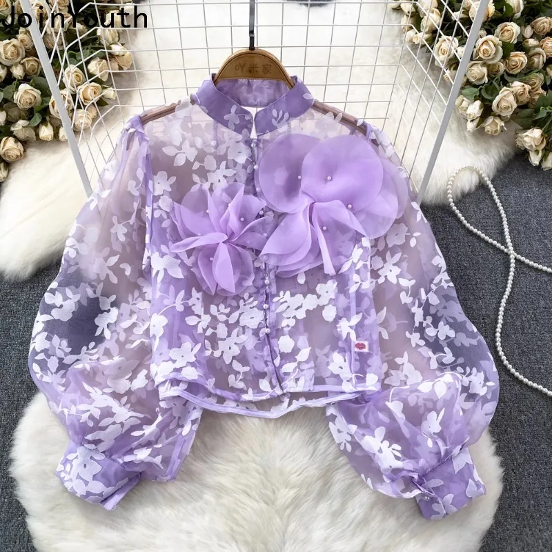 2024 Camisas De Mujer Single Breasted Organza Shirt for Women Stand Neck Lantern Sleeve Crop Tops Vintage See Through Blouses