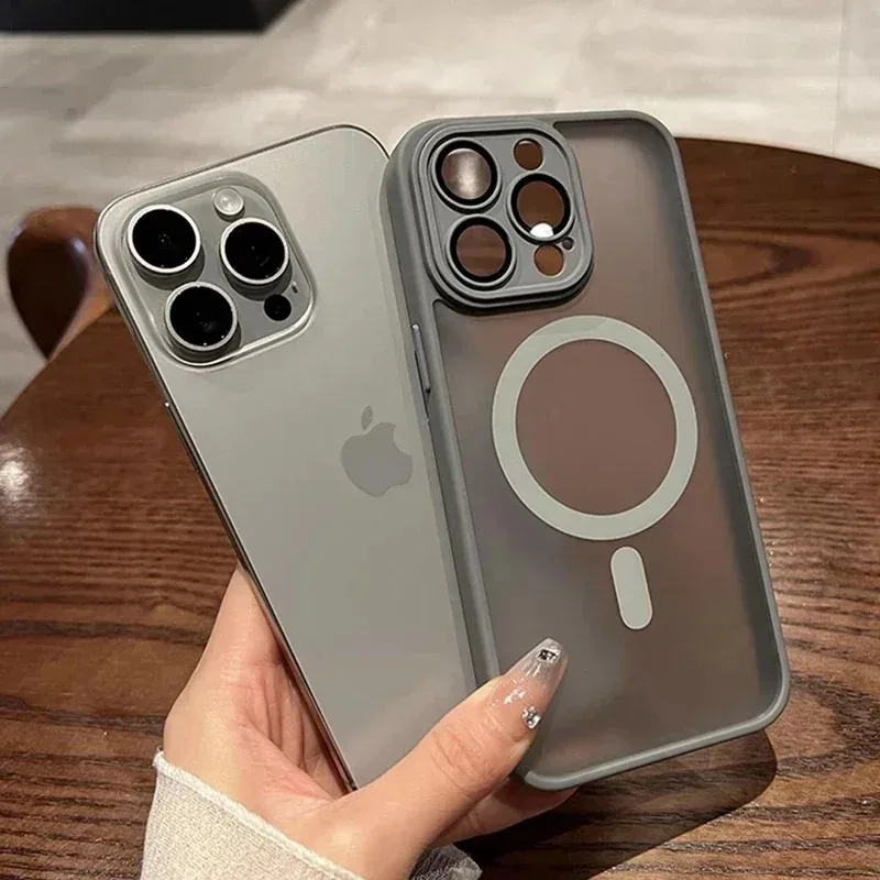 Lens Protector Frosted Mobile Phone Case For MagSafe Magnetic iPhone 16 15 14 13 12 11 Pro Max Plus Wireless Charging Bag Cover