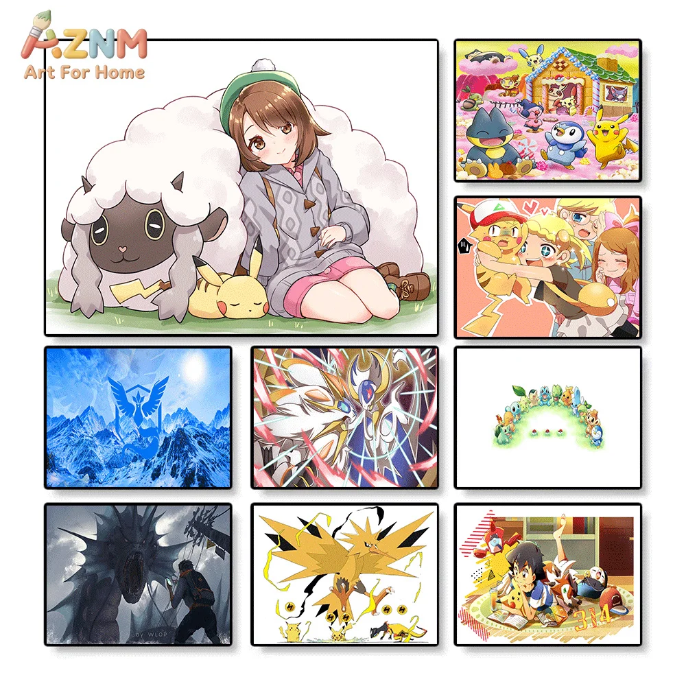 

AZNM Pokemon Wooloo Pikachu Gloria Mystic Team Solgaleo Lunala Anime HD Print Frameless Canvas Painting Wall Art Decor for Bed