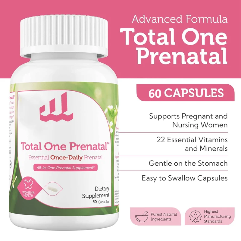 Women\'s prenatal vitamins, multiple vitamins. Prenatal vitamins include folic acid, iron, zinc, and 19 other essential vitamins