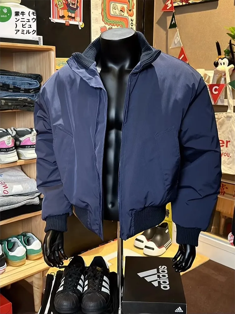 

Мужская зимняя короткая куртка-бомбер из хлопка цвета кобальтовой синевы с воротником-стойкой, в стиле рабочей одежды, модная, брендовая, на молнии, повседневная