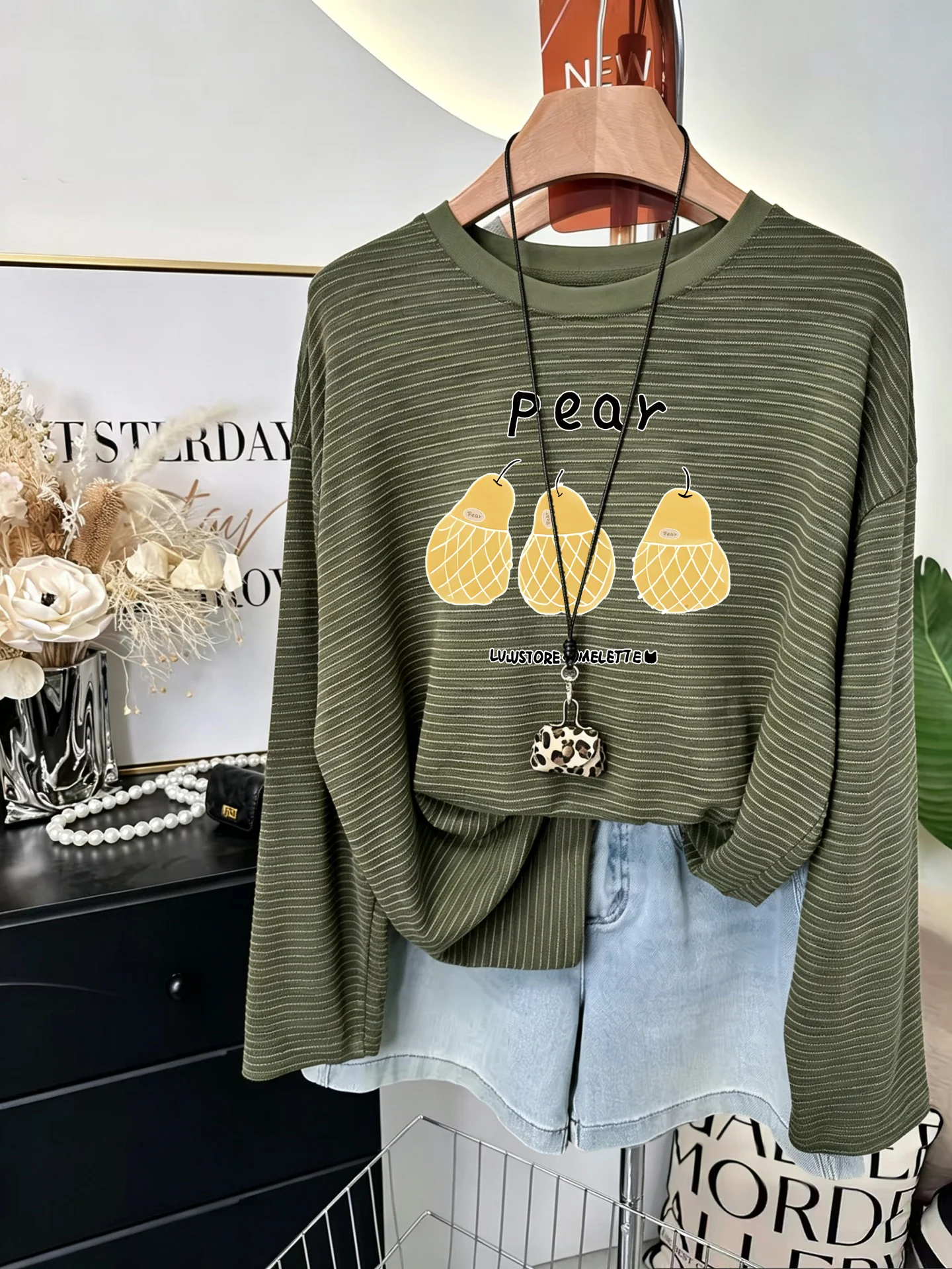 Retro American Green Stripes Long Sleeve Women's T-shirt Draped Lazy Korean Style Print round Neck Spring Autumn Base Shirt