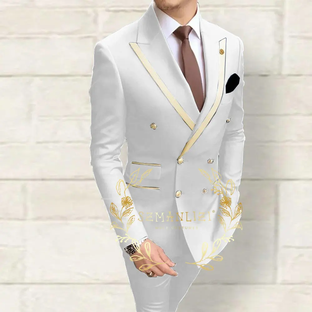 Double Breasted Men\'s Suits Navy Blue Peaked Lapel Slim Fit Wedding Groomsmen 2 Piece Sets Jacket Pants Costume Homme