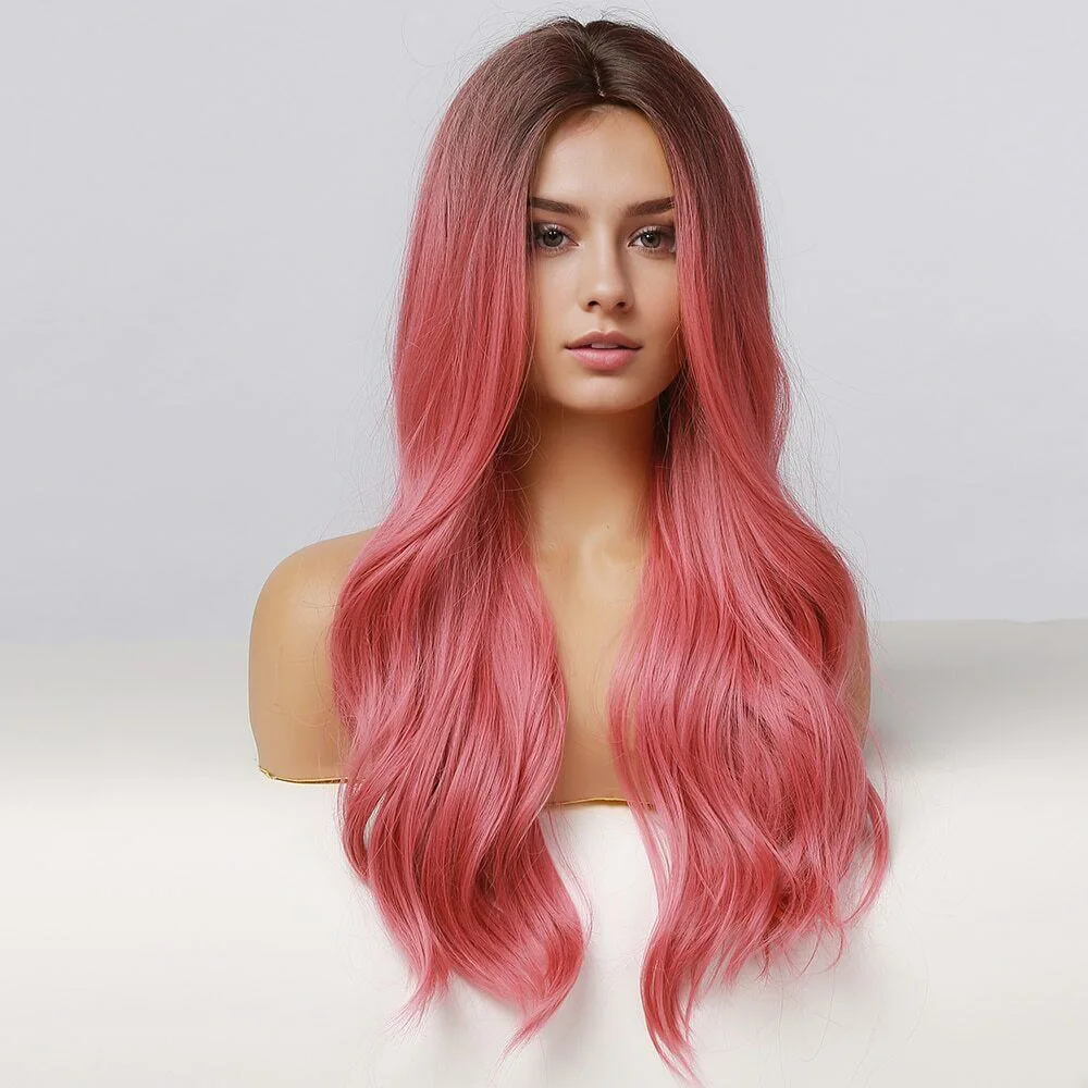 

European and American Long Curly Wig Pink Long Wave Wig Daily Festival Cosplay Wig