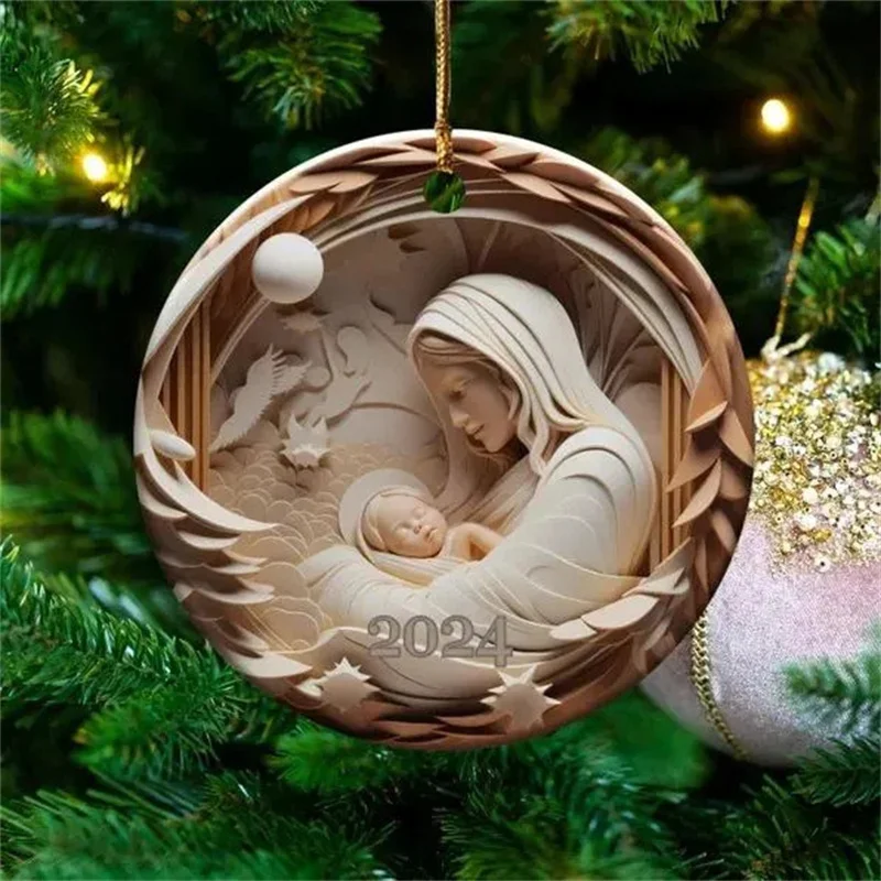 Christmas Nativity Prayer Ornaments 2D Flat Acrylic Jesus Birth Pendant for Car Xmas Tree Hanging Decorations Easter Home Decor