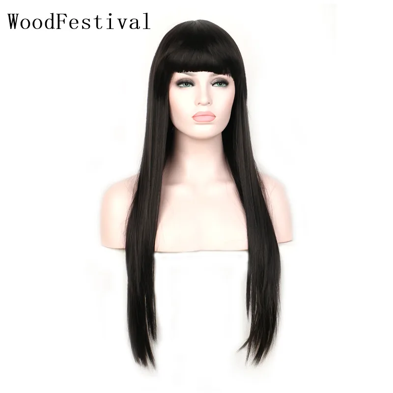 WoodFestival Synthetic Straight Hair Long Wig With Bangs Cosplay Wigs For Women Black Pink Burgundy Blonde Brown Female