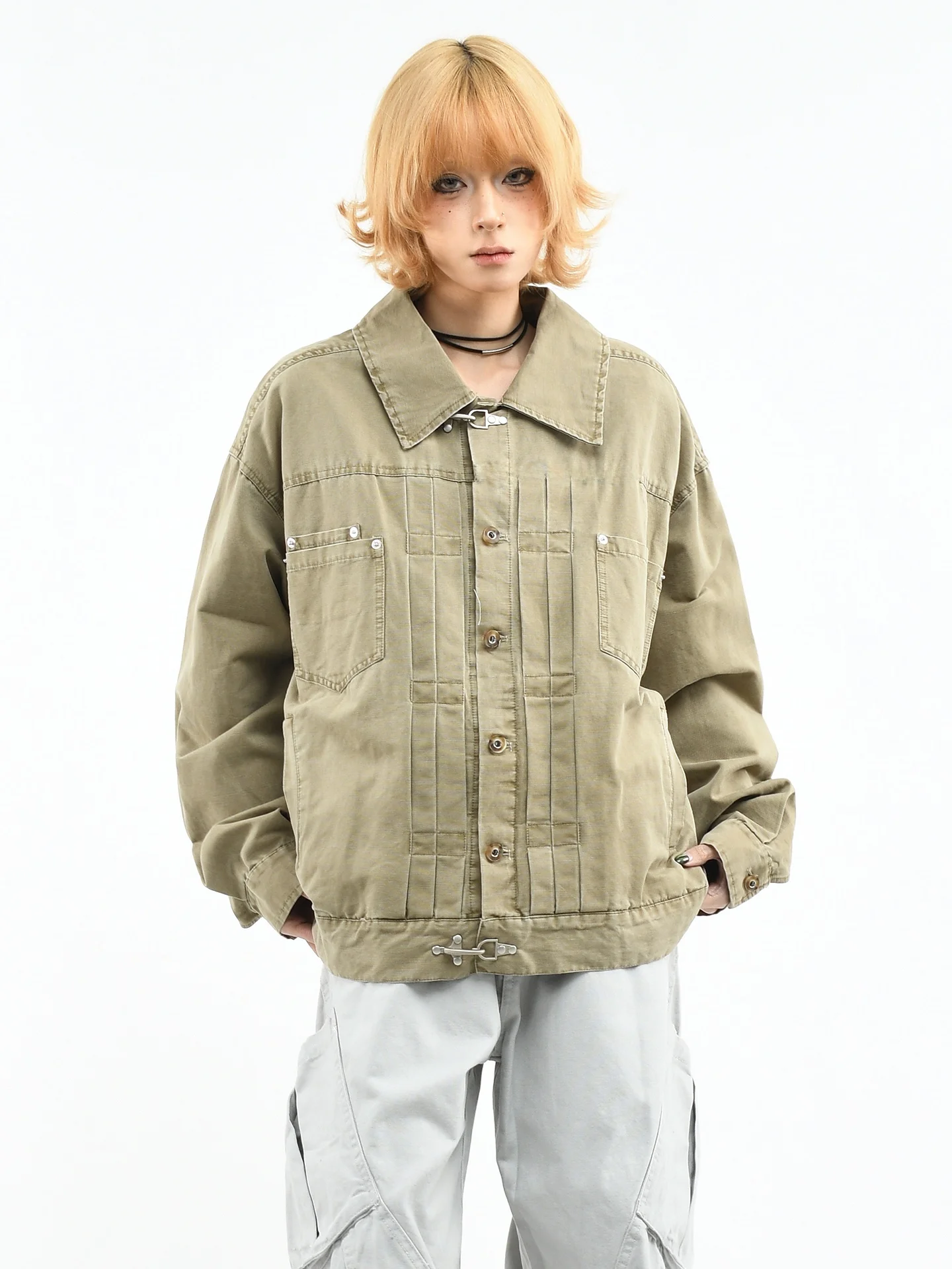 

OV Original American Deconstructed Patchwork Workwear ort Jaet Women Spring Airplane Button Pleated Waed Jaet Men