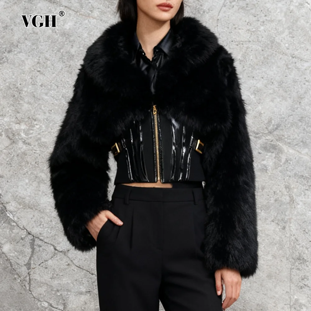 

VGH Warm Designer Solid Short Jackets For Women V Neck Long Sleeve Spliced Zipper Winter Temperament Jacket Female Fashion New