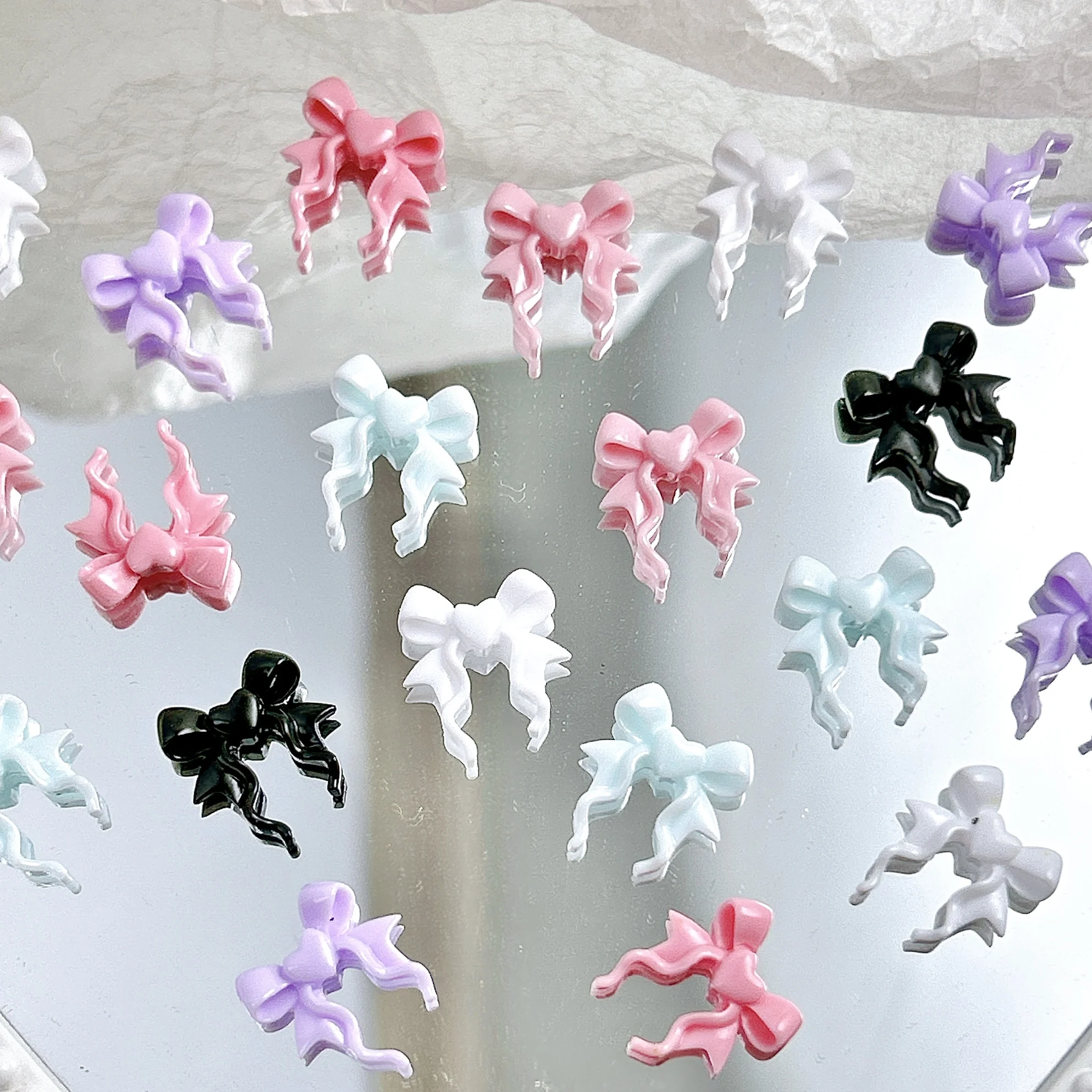 60 pçs cor sólida doce onda arcos resina arte do prego encantos minimalista brilhante coração bowknots decorações de unhas diy manicure suprimentos