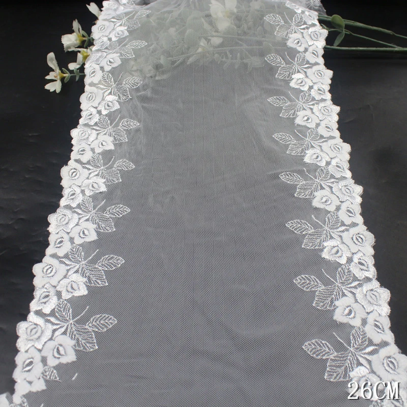 15Yards White Flowers Embroiderd Lace Trimmings For Sewing Dress Home Textiles Craft White Clothes Accessories 26cm Width