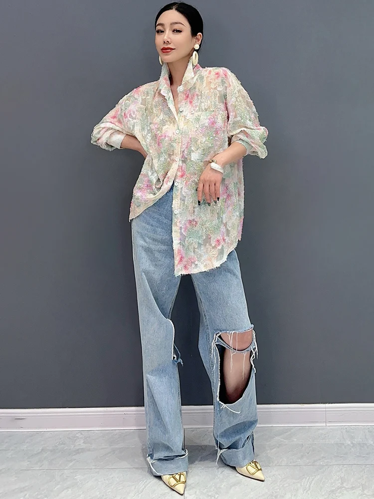 SHENGPALAE 2024 Summer New Butterfly Color Block Fashion Versatile Female Blouse Single Casual Large Women Shirt Clothes 5C1264