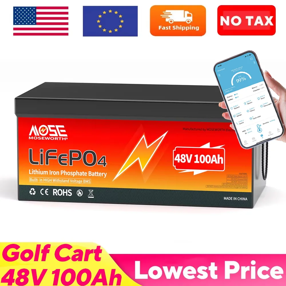

48V 100Ah Lifepo4 Golf Cart Battery Lithium Iron Phosphate Battery with Smart 200A BMS 5000+ Deep Cycles for Solar RV Off Grid