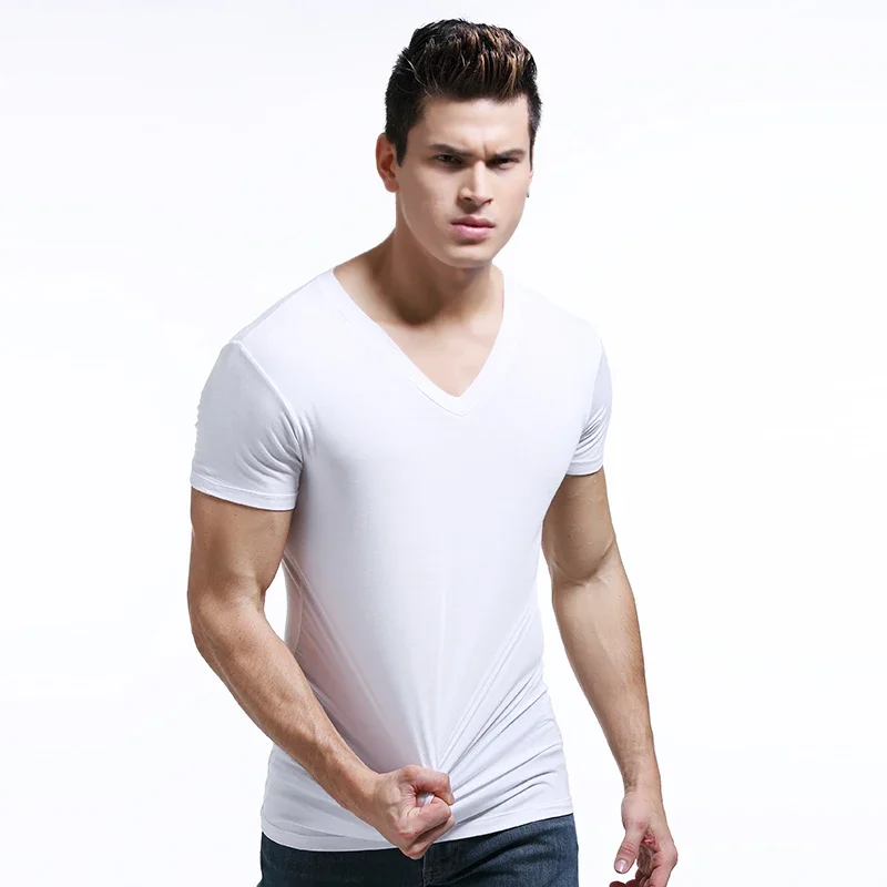 Modales Sommer-Rundhals-T-Shirt für Herren, kurzärmelig, V-Ausschnitt, einfarbig, Weste, T-Shirt, schmal geschnittenes Sport-Unterhemd