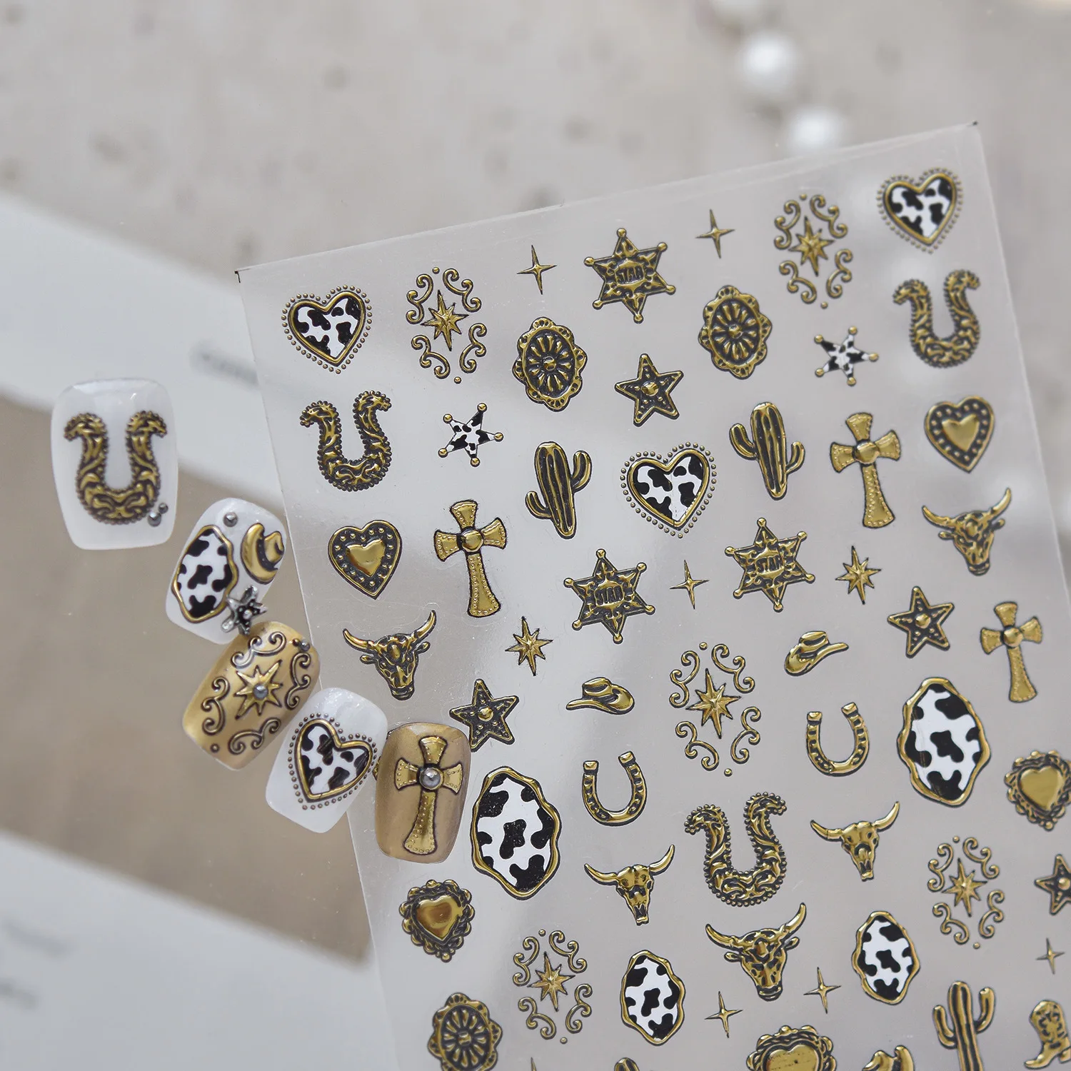 Metal West Cowboy Hat Boots Bull Skull Cactus Classical Gold Rustic Badge Scroll Wild Adhesive Nail Art Sticker Manicure Decals