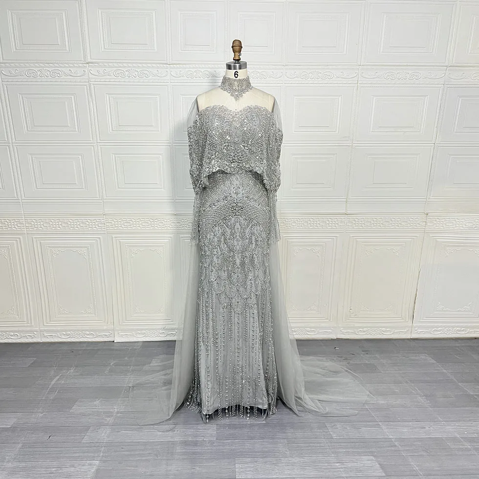 فستان سهرة حورية البحر مطرز بالخرز من دبي للنساء 2025 أنيق برقبة عالية وأكمام طويلة للنساء فستان حفلات الزفاف حسب الطلب #5