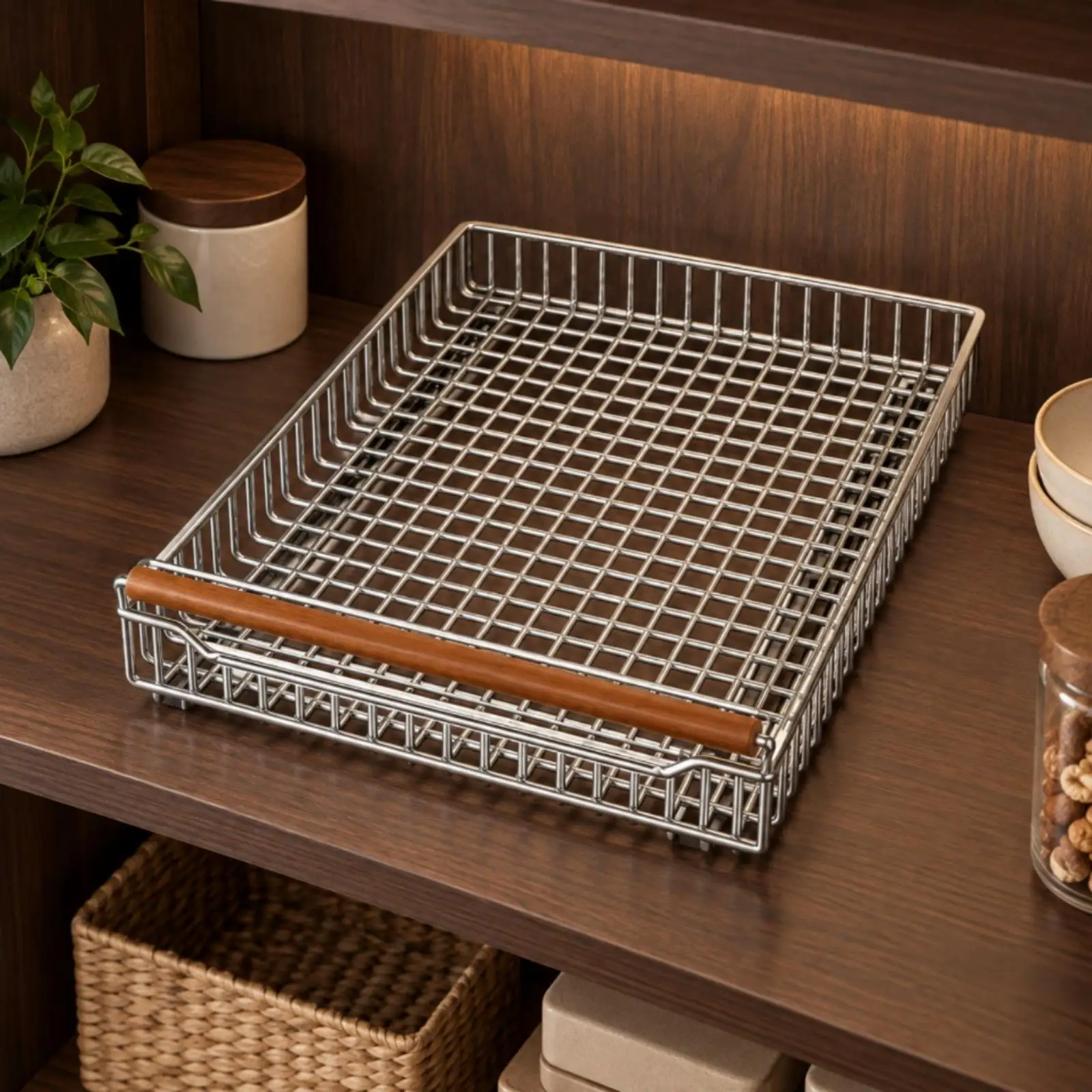 Stainless Steel Slide Out Cabinet Basket with Wood Handle for Kitchen Storage and Organization