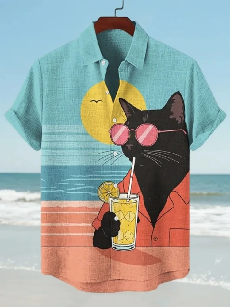 Herrenmode Retro Bedrucktes Kurzarmhemd Hawaiianische Sommerhemden Männer Strand Schwarze Katze Urlaub Kunstdruck Lässige Bluse